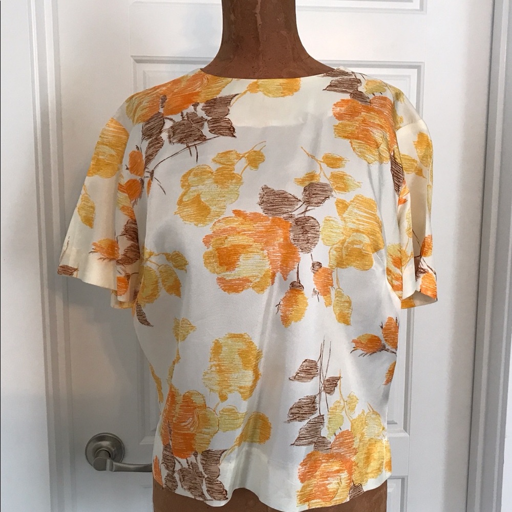 Vintage 1960s Rose Print Short Sleeve Blouse M